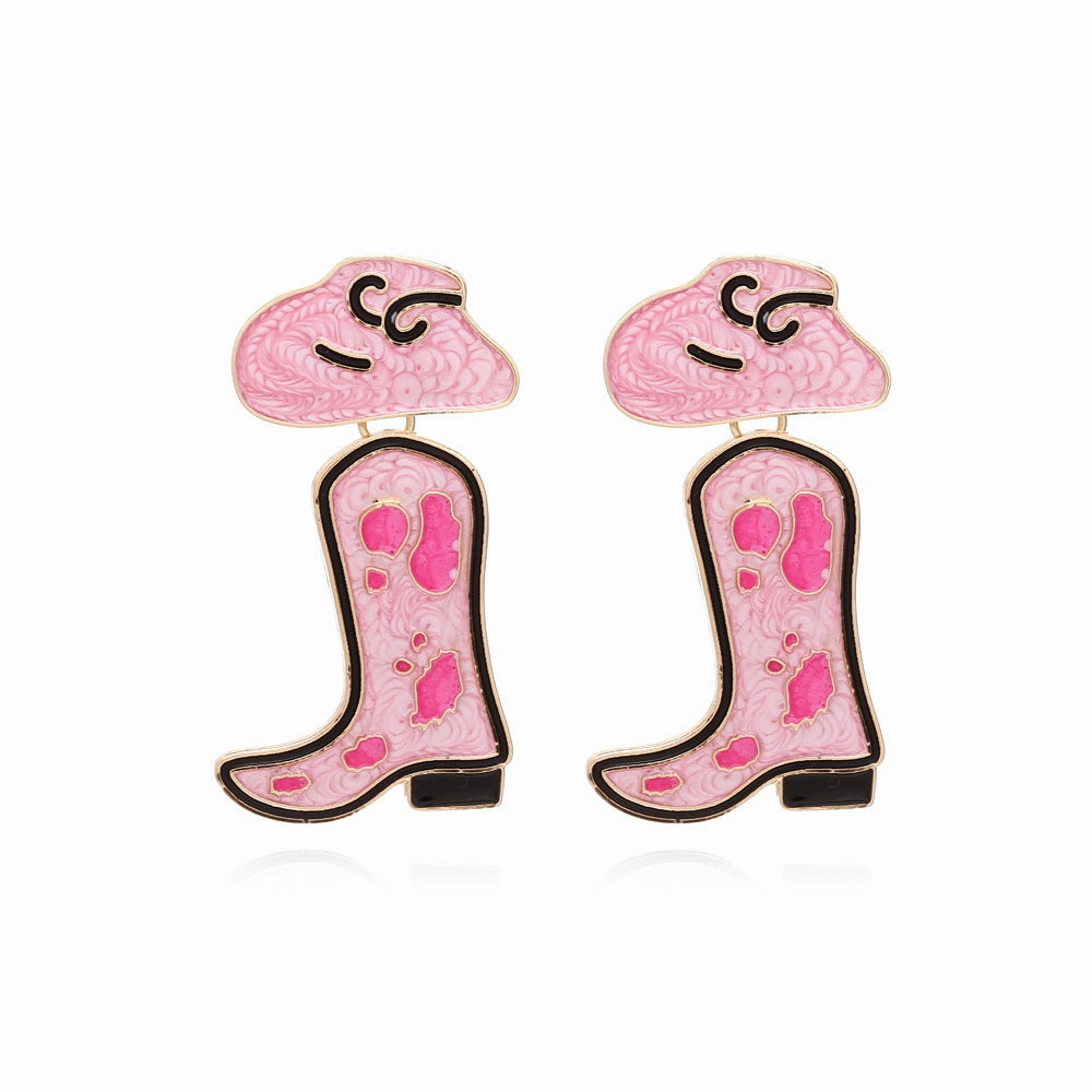 Wholesale Drip Oil Western Cowboy Boots Cow Pattern Hat Alloy Earrings