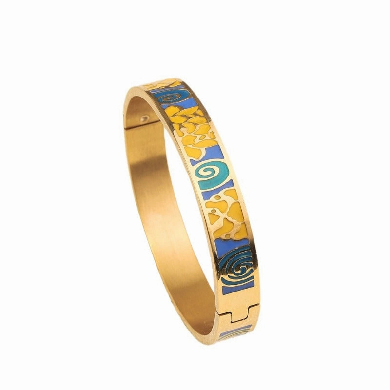Wholesale Drop Glazed Enamel Wide Edged Patterned Stainless Steel 18k Genuine Gold Electroplated Titanium Steel Bracelet