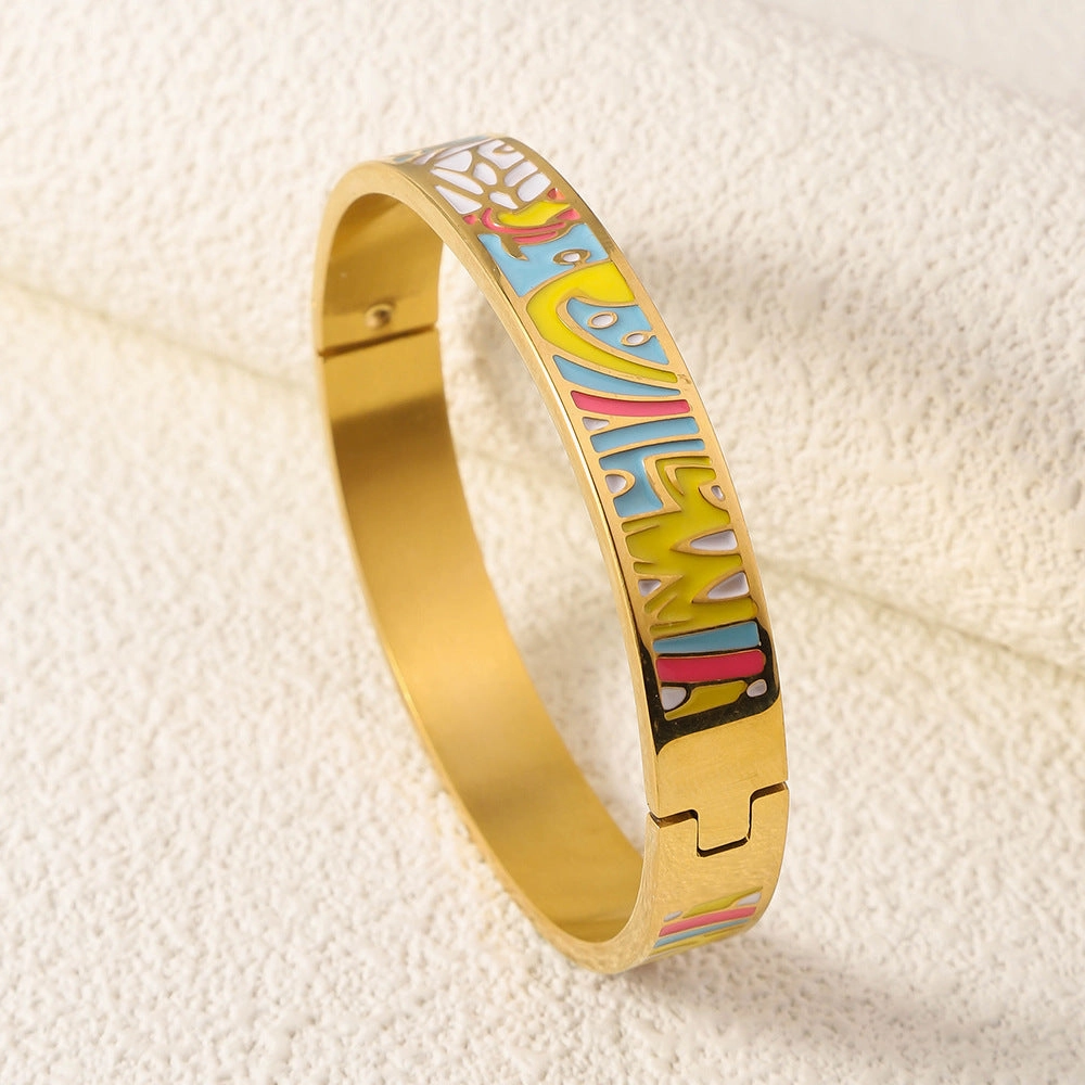 Wholesale Drop Glazed Enamel Wide Edged Patterned Stainless Steel 18k Genuine Gold Electroplated Titanium Steel Bracelet