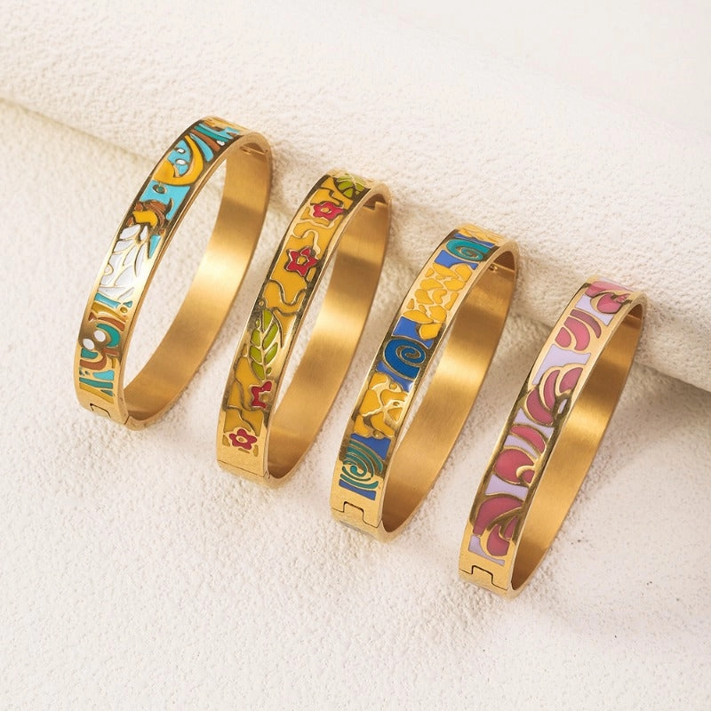 Wholesale Drop Glazed Enamel Wide Edged Patterned Stainless Steel 18k Genuine Gold Electroplated Titanium Steel Bracelet