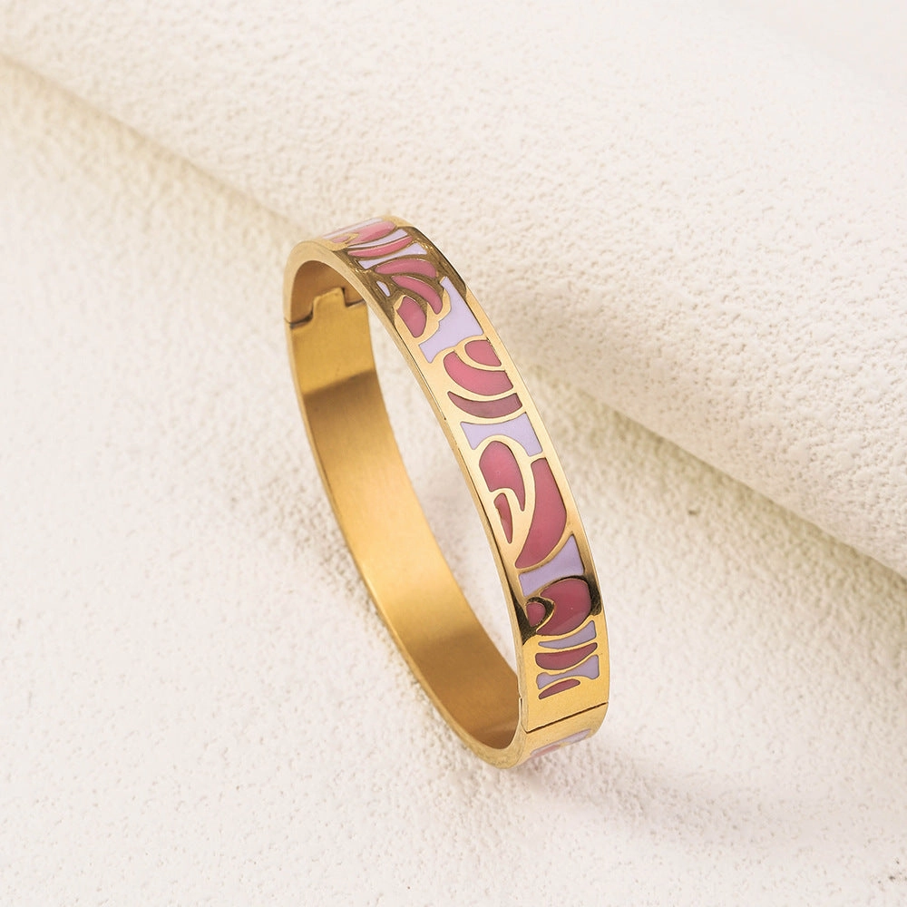 Wholesale Drop Glazed Enamel Wide Edged Patterned Stainless Steel 18k Genuine Gold Electroplated Titanium Steel Bracelet