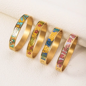 Wholesale Drop Glazed Enamel Wide Edged Patterned Stainless Steel 18k Genuine Gold Electroplated Titanium Steel Bracelet