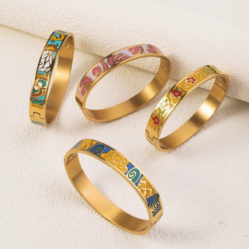 Wholesale Drop Glazed Enamel Wide Edged Patterned Stainless Steel 18k Genuine Gold Electroplated Titanium Steel Bracelet