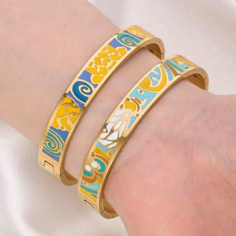 Wholesale Drop Glazed Enamel Wide Edged Patterned Stainless Steel 18k Genuine Gold Electroplated Titanium Steel Bracelet