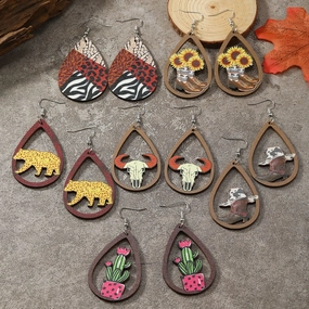 Wholesale Drop Shaped Wooden Hollow Sunflower Leopard Shoes Cactus Earrings