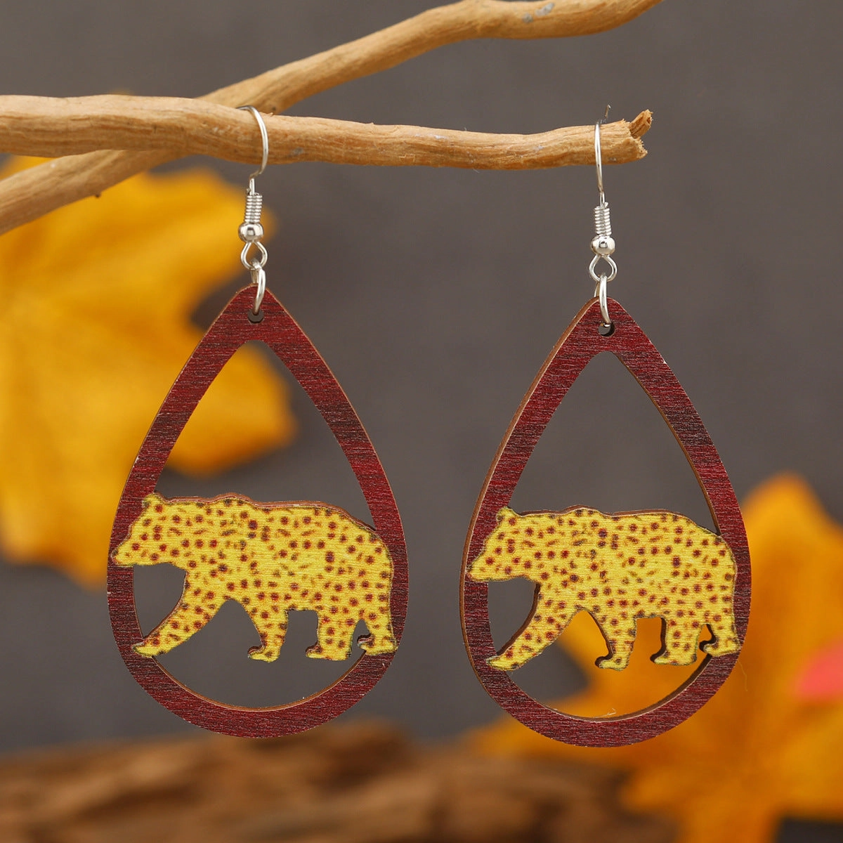 Wholesale Drop Shaped Wooden Hollow Sunflower Leopard Shoes Cactus Earrings