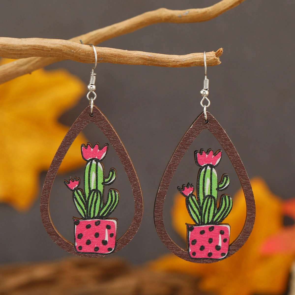 Wholesale Drop Shaped Wooden Hollow Sunflower Leopard Shoes Cactus Earrings