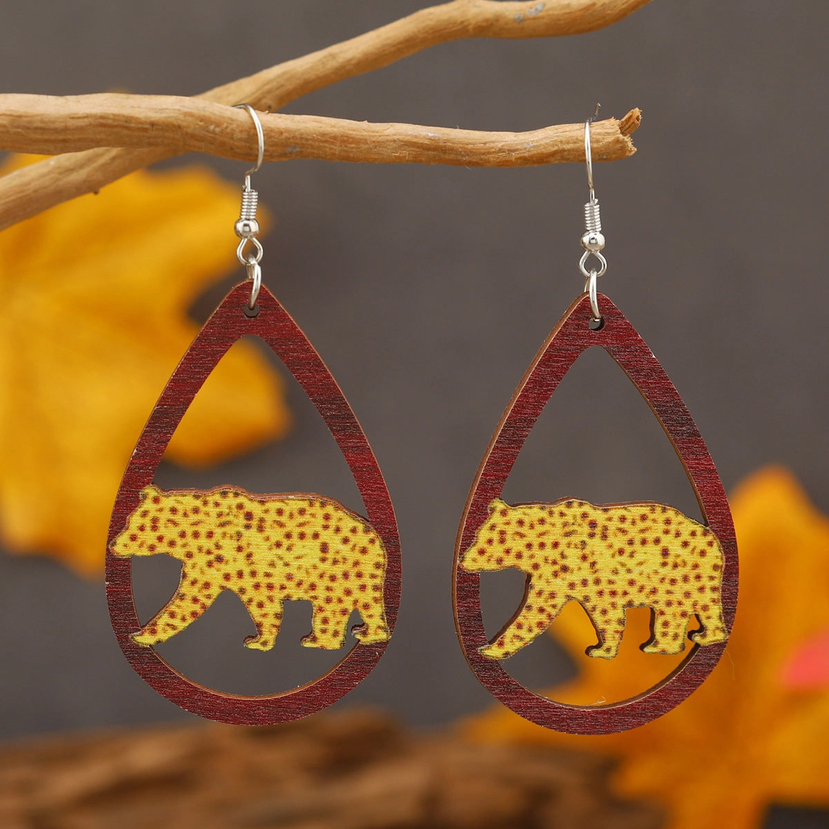 Wholesale Drop Shaped Wooden Hollow Sunflower Leopard Shoes Cactus Earrings