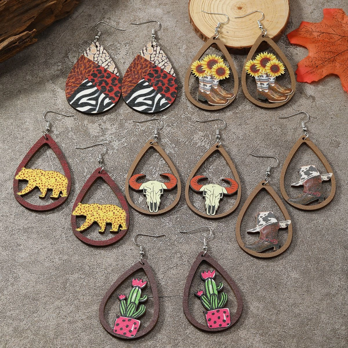 Wholesale Drop Shaped Wooden Hollow Sunflower Leopard Shoes Cactus Earrings