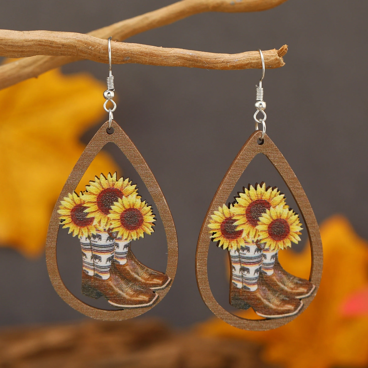 Wholesale Drop Shaped Wooden Hollow Sunflower Leopard Shoes Cactus Earrings