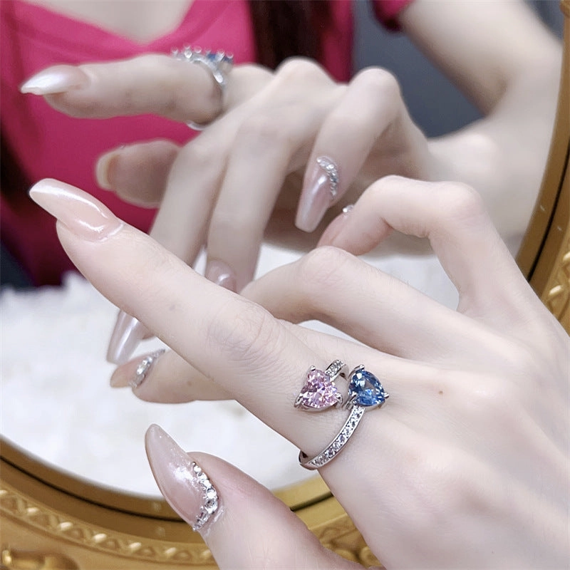 Wholesale Dual Color Stone Contrasting Heart-shaped Zircon Copper Ring