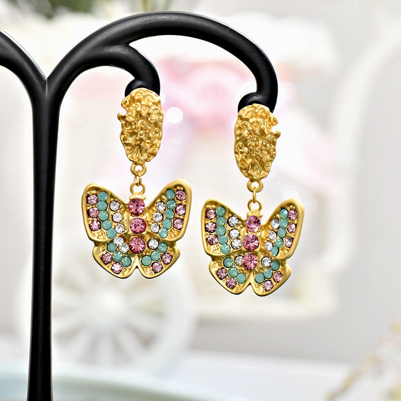 Wholesale Dumb Gold Full Diamond Butterfly Alloy Earrings