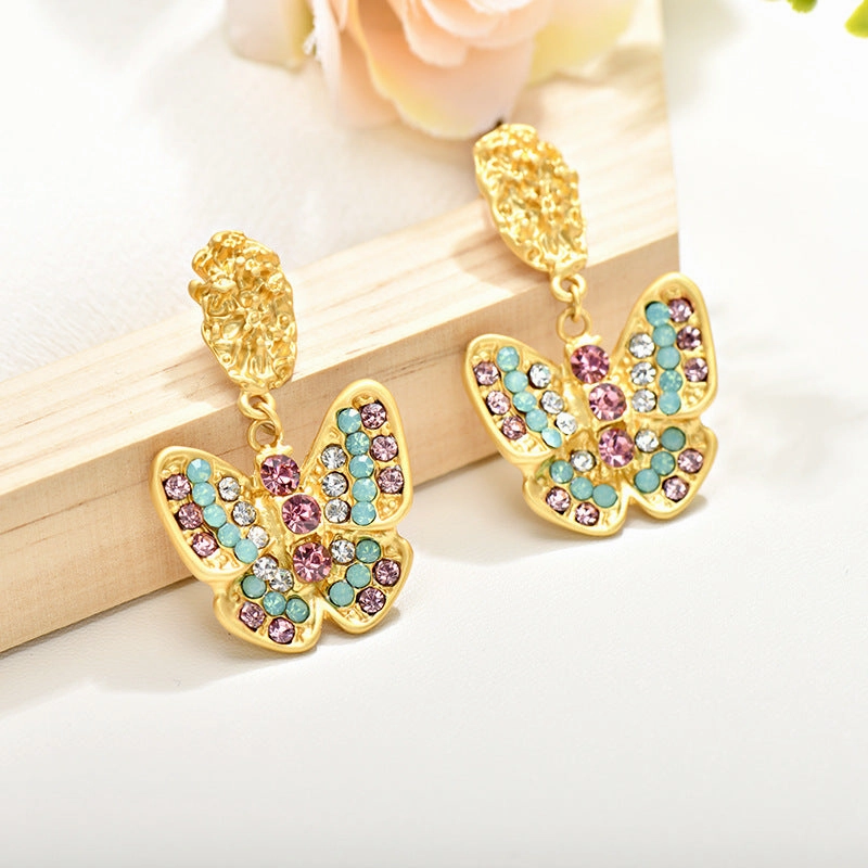 Wholesale Dumb Gold Full Diamond Butterfly Alloy Earrings