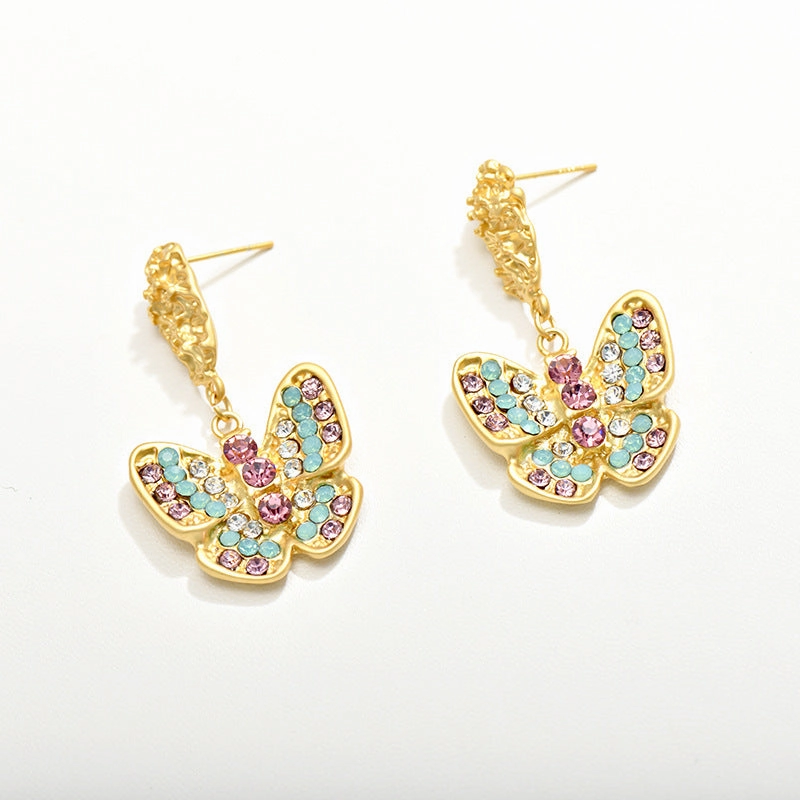 Wholesale Dumb Gold Full Diamond Butterfly Alloy Earrings