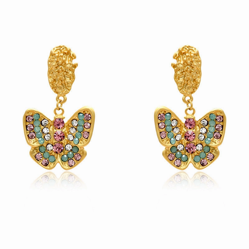 Wholesale Dumb Gold Full Diamond Butterfly Alloy Earrings