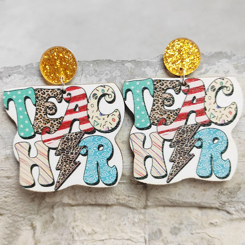 Wholesale Earrings 2 Pairs Wooden Acrylic Steel Needle Glitter Teacher OLY-ES-HY005