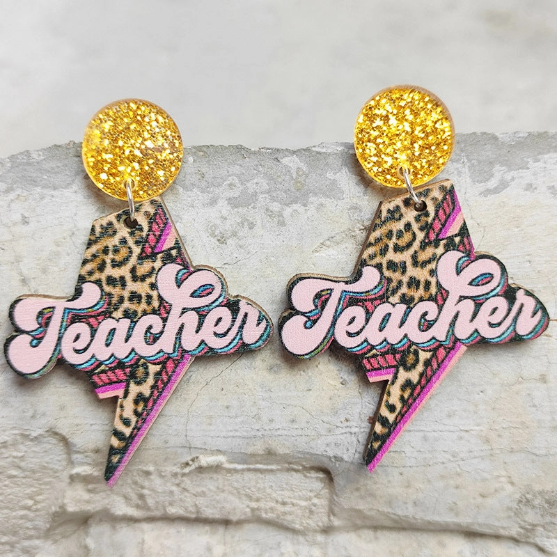 Wholesale Earrings 2 Pairs Wooden Acrylic Steel Needle Glitter Teacher OLY-ES-HY005