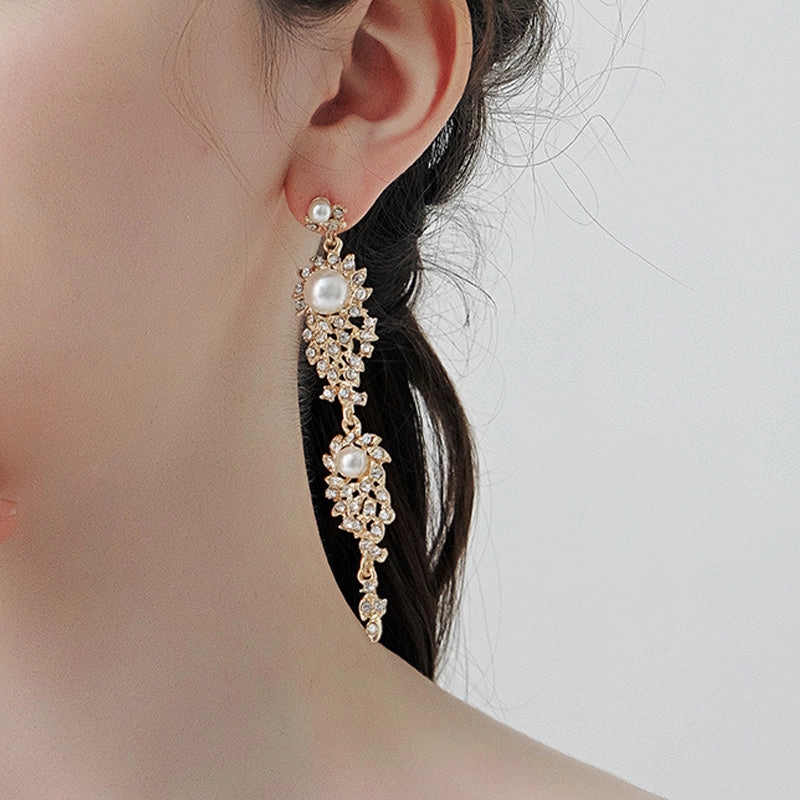 Wholesale Earrings Rhinestone Premium Alloy Rhinestone Long Earrings Pearl Earrings OLY-ES-HX005