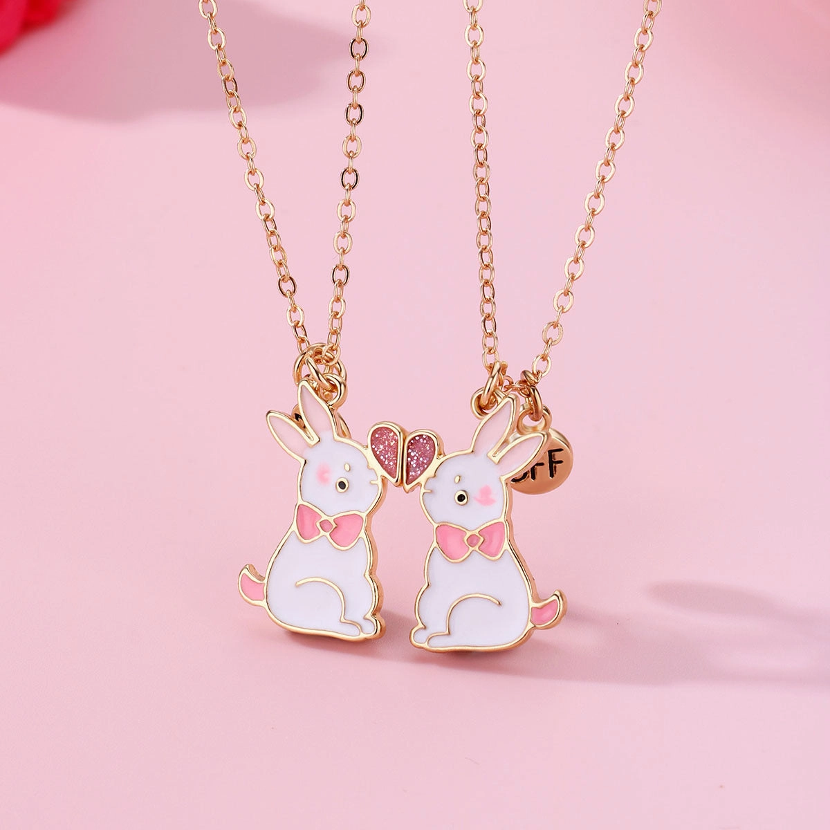 Wholesale Easter BFF Good Friend Alloy Dripping Oil Cute Rabbit Magnetic Pendant Necklace
