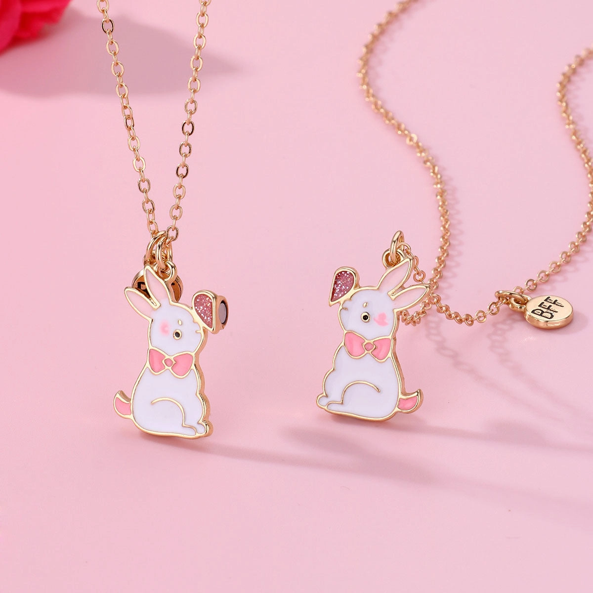 Wholesale Easter BFF Good Friend Alloy Dripping Oil Cute Rabbit Magnetic Pendant Necklace