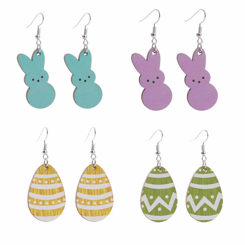 Wholesale Easter Bunny Flower Basket Printed Egg Chick Wooden Earrings