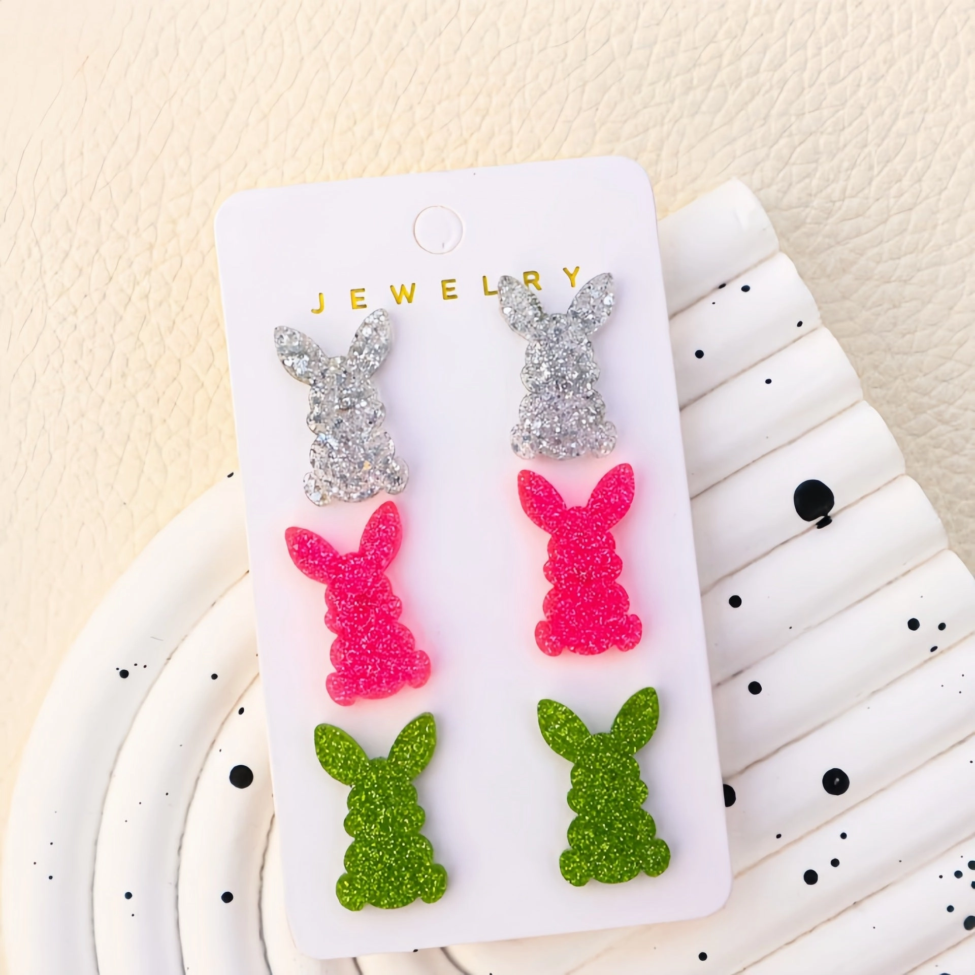 Wholesale Easter Bunny Set of Three Pair of Multicolor Rainbow Girls' Heart Cute Acrylic Earrings