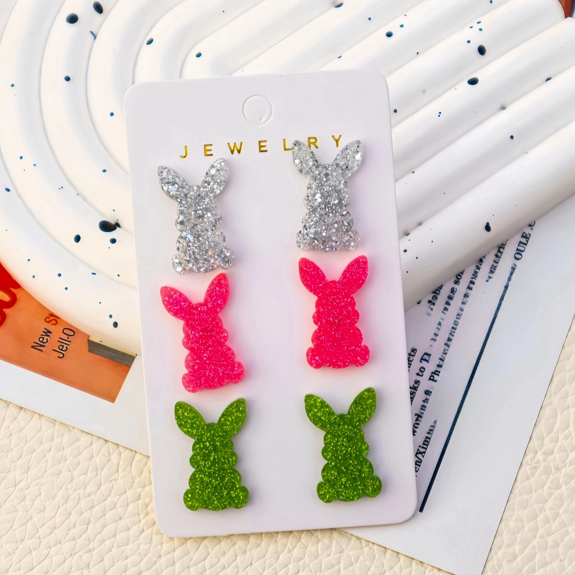 Wholesale Easter Bunny Set of Three Pair of Multicolor Rainbow Girls' Heart Cute Acrylic Earrings