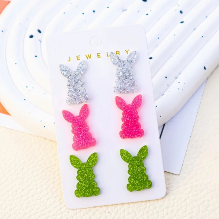 Wholesale Easter Bunny Set of Three Pair of Multicolor Rainbow Girls' Heart Cute Acrylic Earrings