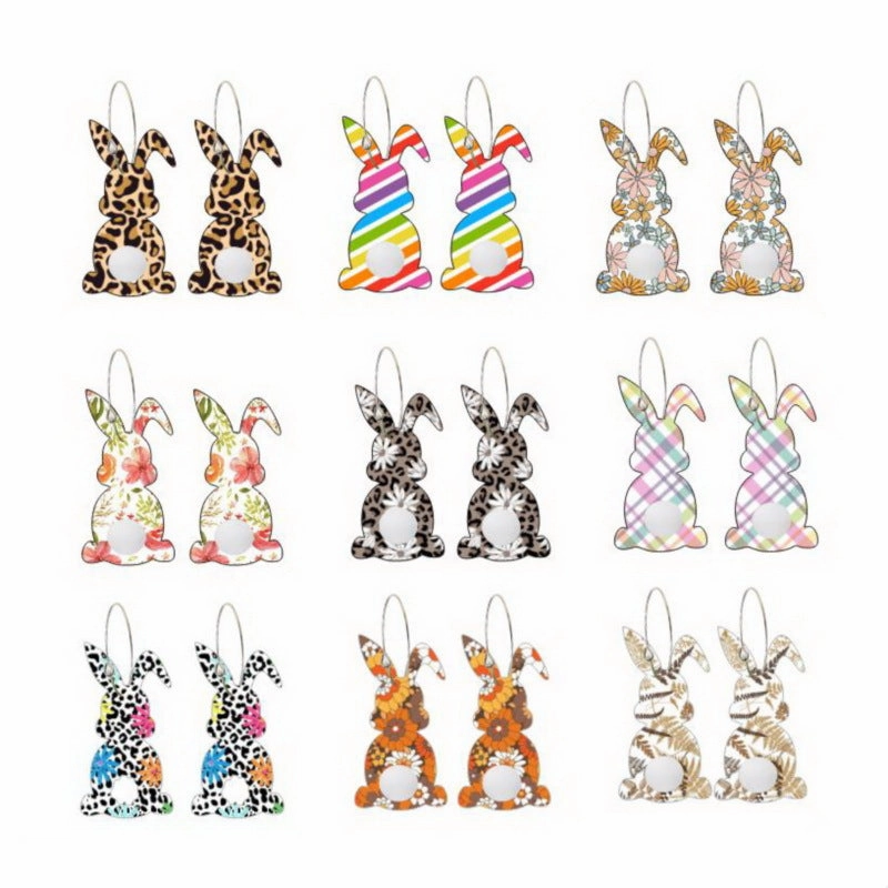 Wholesale Easter cute print spring flowers leopard print egg fur ball tail rabbit earrings