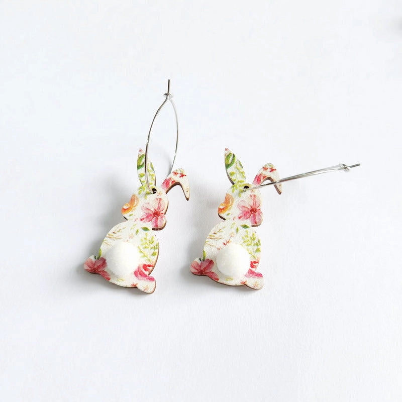 Wholesale Easter cute print spring flowers leopard print egg fur ball tail rabbit earrings