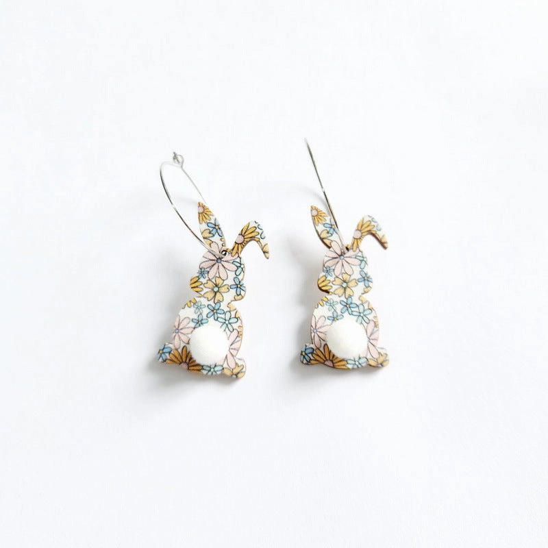 Wholesale Easter cute print spring flowers leopard print egg fur ball tail rabbit earrings