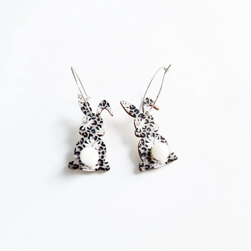 Wholesale Easter cute print spring flowers leopard print egg fur ball tail rabbit earrings