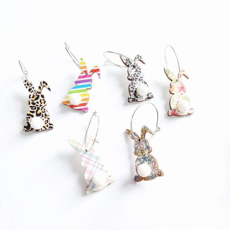 Wholesale Easter cute print spring flowers leopard print egg fur ball tail rabbit earrings