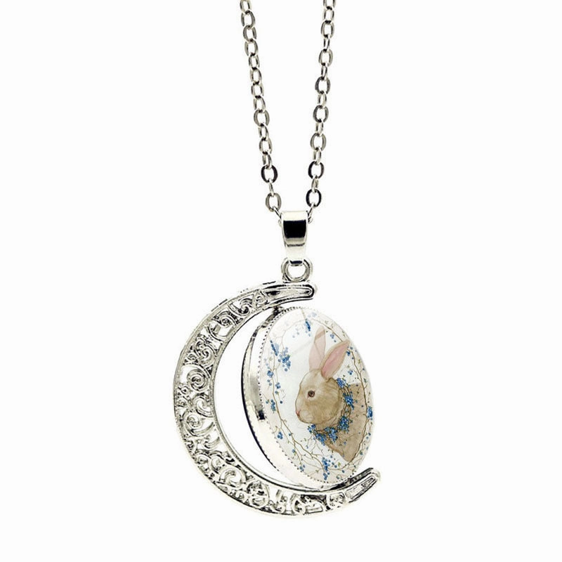 Wholesale Easter Rabbit Time Gemstone Double Sided Rotating Moon Pendant Alloy Necklace