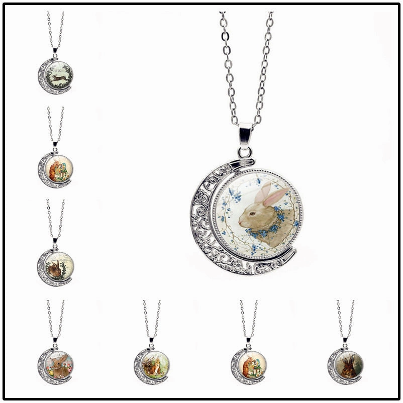 Wholesale Easter Rabbit Time Gemstone Double Sided Rotating Moon Pendant Alloy Necklace