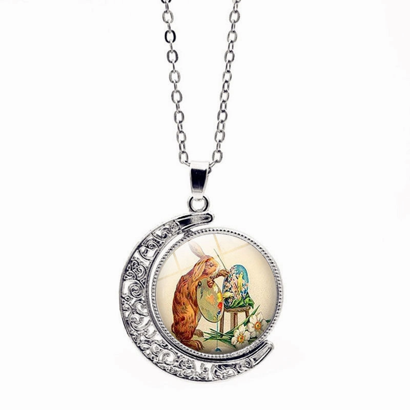 Wholesale Easter Rabbit Time Gemstone Double Sided Rotating Moon Pendant Alloy Necklace