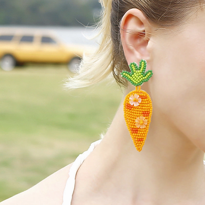 Wholesale Easter Vintage Carrot Green Leaf Rice Beads Sequins Hand Woven Earrings OLY-ES-JM003