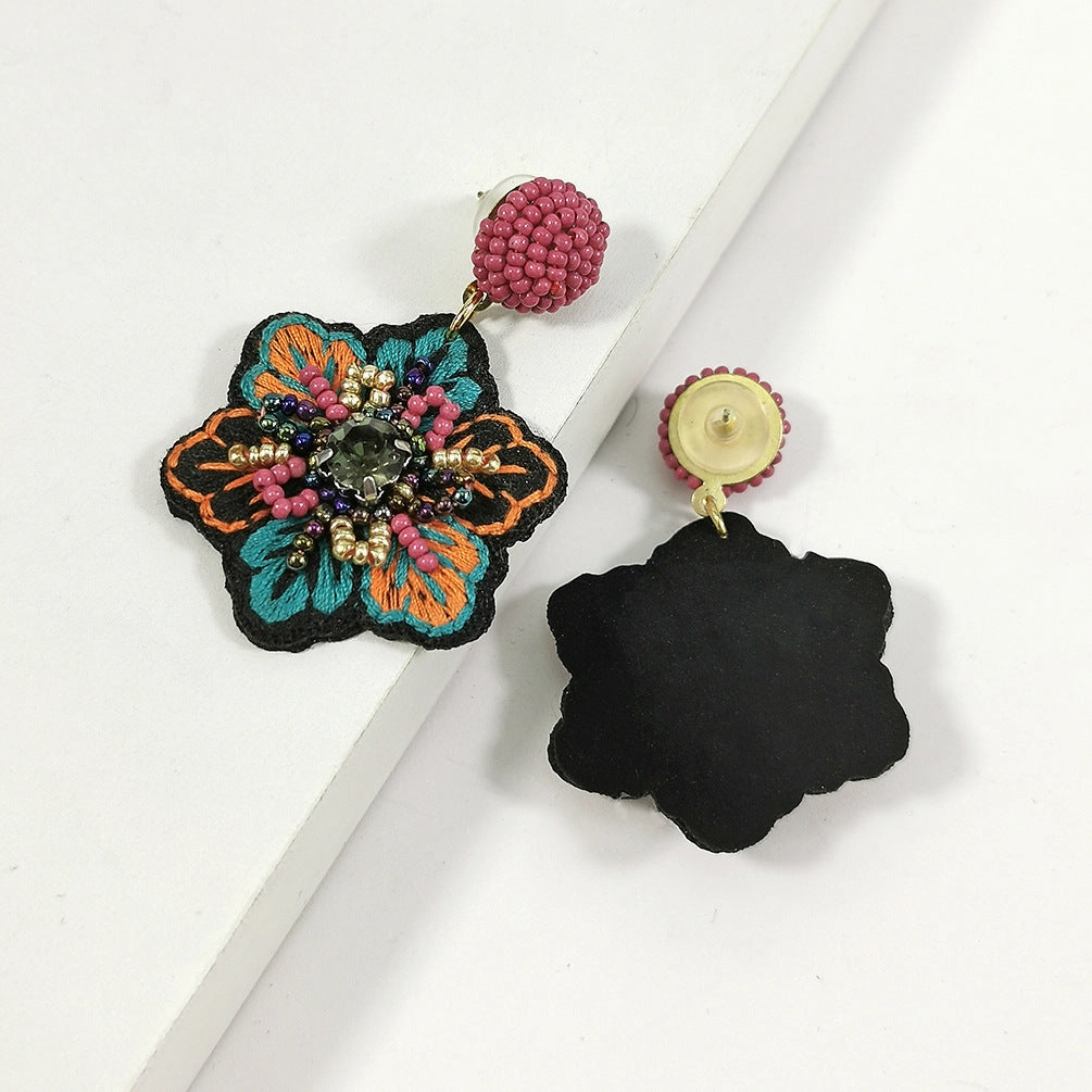 Wholesale Embroidery Flower Shape Mixed Material Earrings