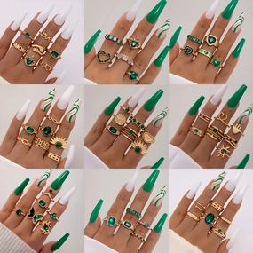 Wholesale Emerald Diamond Love Palm Alloy Ring Set