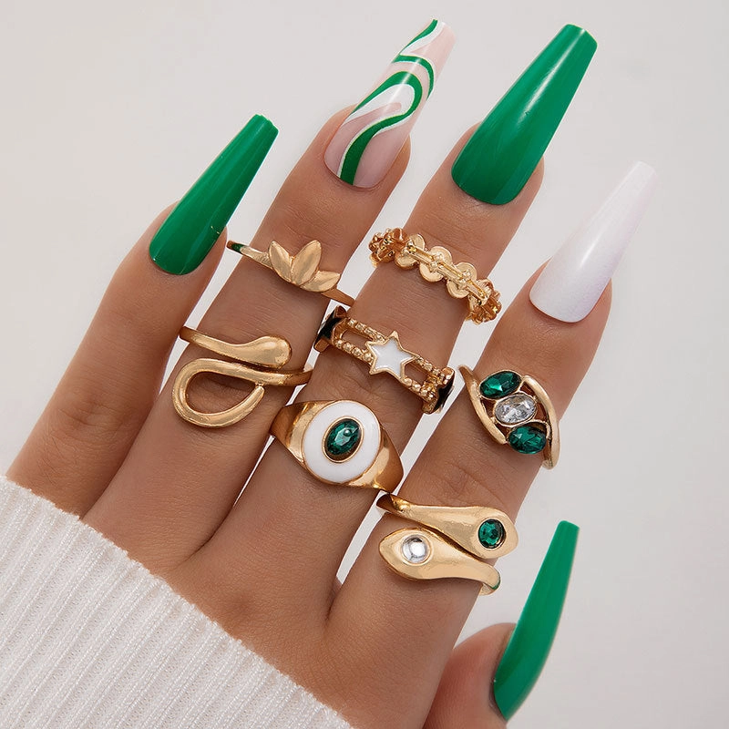 Wholesale Emerald Diamond Love Palm Alloy Ring Set