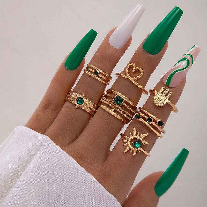 Wholesale Emerald Diamond Love Palm Alloy Ring Set