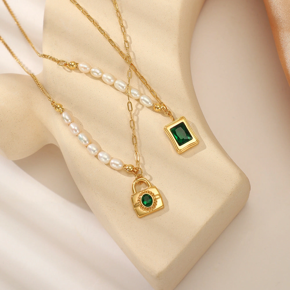 Wholesale Emerald Green Geometric Stainless Steel Pearl Necklace