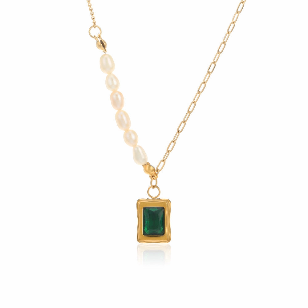 Wholesale Emerald Green Geometric Stainless Steel Pearl Necklace