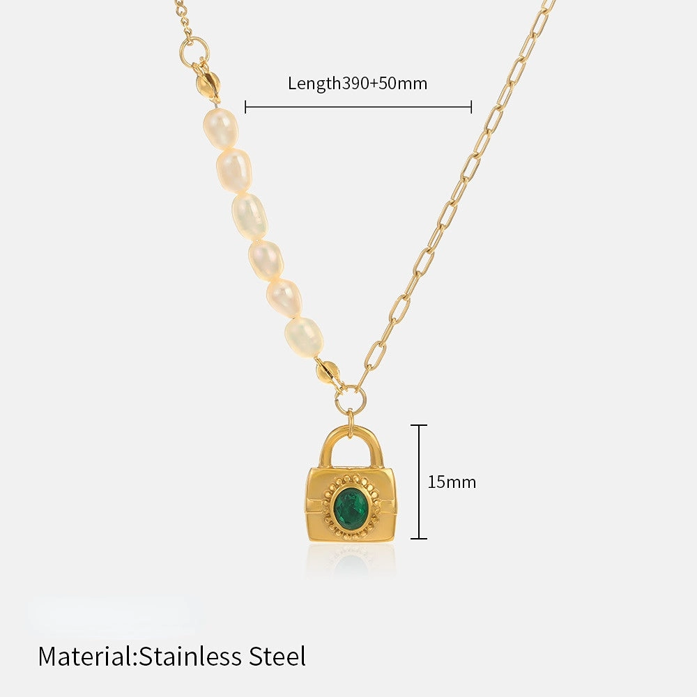 Wholesale Emerald Green Geometric Stainless Steel Pearl Necklace