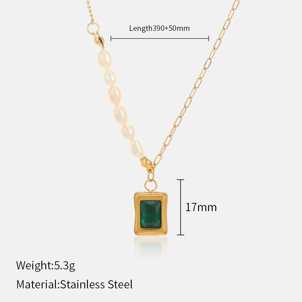 Wholesale Emerald Green Geometric Stainless Steel Pearl Necklace