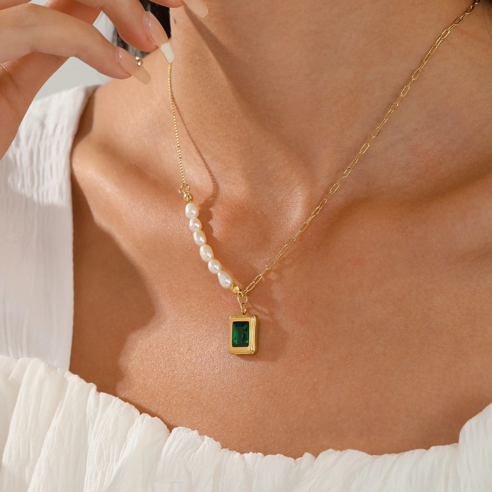 Wholesale Emerald Green Geometric Stainless Steel Pearl Necklace