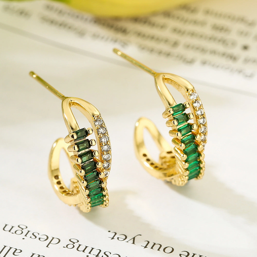 Wholesale Emerald Zircon C Shape Copper Earrings