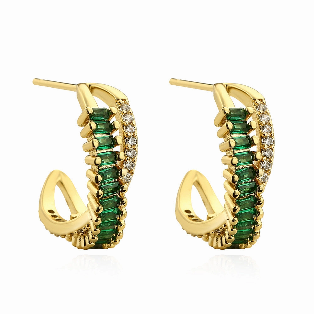 Wholesale Emerald Zircon C Shape Copper Earrings