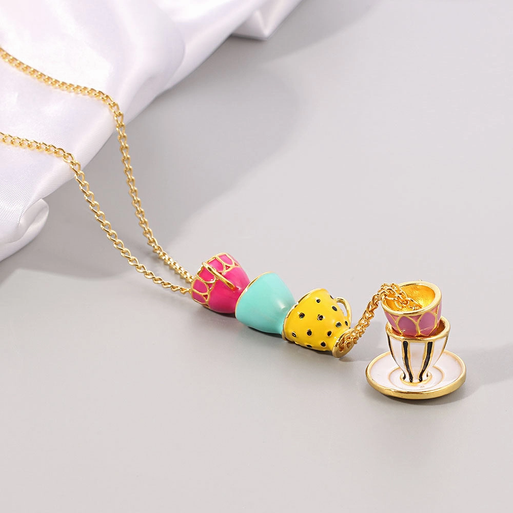 Wholesale Enamel Glaze Tea Cup Long Alloy Necklace