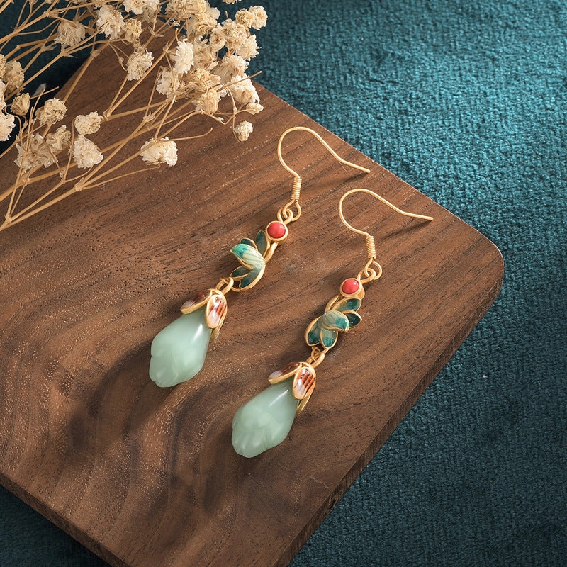 Wholesale Enamel Magnolia Flower Imitation Hetian Jade Earrings